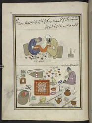 Grobstickerei; Nadelarbeiter, zum Verbinden von Schaltstücken, Faden zu einem Ball wickeln, 86 Zeichnungen in einem Band, der Berufe und Tätigkeiten in Kaschmir darstellt, Handwerker bei der Arbeit mit ihren Werkzeugen und Geräten, von einem Kaschmir-Künst