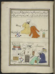 Sticker und Plisser, 86 Zeichnungen in einem Band, der Berufe und Tätigkeiten in Kaschmir darstellt, Handwerker werden bei der Arbeit mit ihren Werkzeugen und Geräten gezeigt, von einem Kaschmir-Künstler, wahrscheinlich in Srinagar, ca. 1850-60