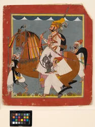 Reiter Raja Bhim Singh mit Wasserpfeife und Dienern