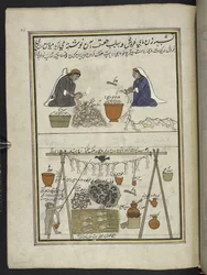 Fischhändler, Frauen beim Ausnehmen von Fischen; Mann beim Trocknen von Fischen