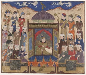 Folio aus einem Shahnama (Buch der Könige) von Firdawsi; Kay Khusraw Parwez auf dem Takht-i Taqdis sitzend, möglicherweise Indien, ca. 1425-50