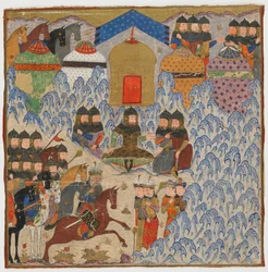 Seite aus einem Schahname (Buch der Könige) von Firdawsi; Rustam im Lager, möglicherweise Indien, ca. 1425-50