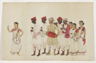 Vier Tänzerinnen in Prozession mit Musikern, ca. 1830