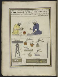 Goldschläger, die Blattgold herstellen, 86 Zeichnungen in einem Band, der Berufe und Tätigkeiten in Kaschmir darstellt, Handwerker bei der Arbeit mit ihren Werkzeugen und Ausrüstungen, von einem Kaschmir-Künstler, wahrscheinlich in Srinagar, ca. 1850-60