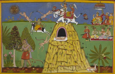 Hanuman springt zur Sonne; Indra schlägt ihn, was seinen Fall verursacht