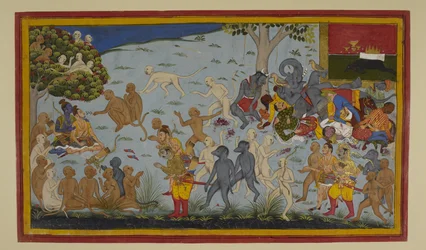 Hanumān und Vibhīṣaṇa bringen den verwundeten Lakṣmaṇa zu Rāma, der ihn heilt