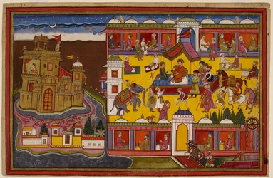 Hanumān beobachtet den Hauptplatz von Laṅkā vom Dach des Basars und bewegt sich dann zum Gipfel von Rāvaṇas goldenem Palast