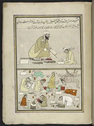 Hindu-Lehrer mit Schülern, 86 Zeichnungen in einem Band, der Berufe und Tätigkeiten in Kaschmir darstellt, Handwerker bei der Arbeit mit ihren Werkzeugen und Ausrüstungen, von einem Kaschmir-Künstler, wahrscheinlich in Srinagar, ca. 1850-60