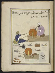 Messerschleifer, 86 Zeichnungen in einem Band, der Berufe und Tätigkeiten in Kaschmir darstellt, Handwerker bei der Arbeit mit ihren Werkzeugen und Ausrüstungen, von einem Kaschmir-Künstler, wahrscheinlich in Srinagar, um 1850-60