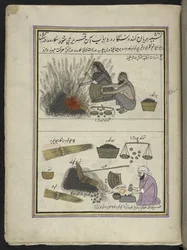 Männer und Frauen beim Rösten von Wasserkastanien, 86 Zeichnungen in einem Band, der Berufe und Tätigkeiten in Kaschmir darstellt, Handwerker bei der Arbeit mit ihren Werkzeugen und Ausrüstungen, von einem Kaschmir-Künstler, wahrscheinlich in Srinagar, um 