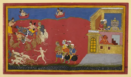 Affen verwechseln Vibhīṣaṇa mit Indrajit; Nārada lobt Nārāyaṇa, während Rāvaṇa speist