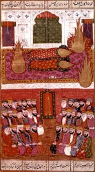 Muhammad, der Prophet des Islam in Form einer heiligen Flamme, mit neunundvierzig respektvollen Menschen, Hamla-i-Haydari, von Mirza Muhammad Rafi Bazil, 1808