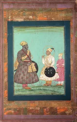 Murtaza Nizam Shah mit einem schwarzen Wesir, möglicherweise Malik Ambar, und einem jüngeren Mann, ca. 1680