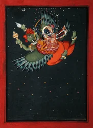 Auf den Flügeln von Garuda: Krishna und Satyabhama fliegen durch den Nachthimmel, ca. 1750