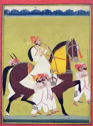 Porträt von Kumbhawat Kesari Singh von Asop, auf einem Pferd reitend, eine Wasserpfeife rauchend und begleitet von Dienern, Jodhpur