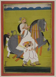 Porträt von Thakur Surtan Singh von Nimbaj, zu Pferd mit Begleitern zu Fuß, 1820