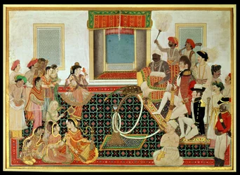 Prinz Mahadaji Sindhia unterhält einen britischen Armeeoffizier und einen Marineoffizier mit einem Nautch, ca. 1820