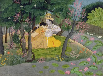 Radha und Krishna umarmen sich in einem Hain blühender Bäume, ca. 1780