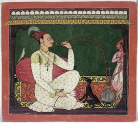 Raja Medini Pal, auf der Rückseite in Takari-Schrift beschriftet, Basohli, Himachal Pradesh, Pahari-Schule, 1735