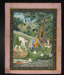 Rama, Lakshmana und Sita kochen und essen in der Wildnis, ca. 1820