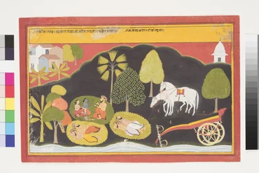 Rama und Lakshmana sprechen nachts mit einem Mann, ca. 1650