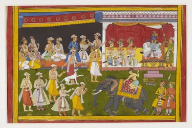 Rama hört die Bitte eines Hundes um Gerechtigkeit, während ein Brahmane in sein Kloster zurückkehrt