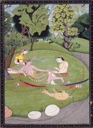 Rama lehnt sich gegen Sita, während sein Bruder Laksman einen Dorn aus seinem Fuß zieht, 1845