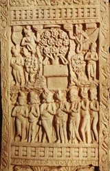 Relief, das die Verehrung Buddhas durch einen Baum darstellt, Späte Maurya-Periode, Sunga-Dynastie (180-72 v. Chr.)