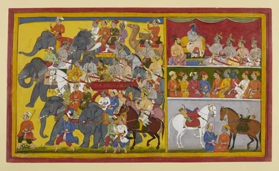 Rāma und Brüder reisen nach Ayodhyā, beraten sich mit Vibhīṣaṇa und einem Weisen
