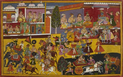 Rama umarmt Bharata, und seine Untertanen bitten, ihn zu begleiten