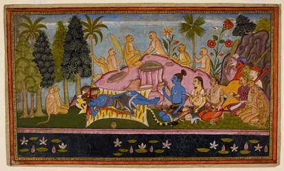 Rāma, in seinem Tigerfell, verbringt drei Tage damit, den Ozean anzuflehen, aber er bleibt unempfänglich. um 1653 (Miniatur)