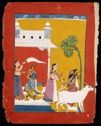 Rukmini bietet dem Weisen Narada Wasser an, während ihr Gemahl Krishna in ihrem Haus sitzt, ca. 1725-1730
