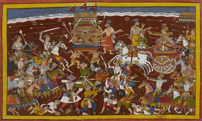 Ravana kämpft gegen Mandhata, aber Weise versöhnen sie