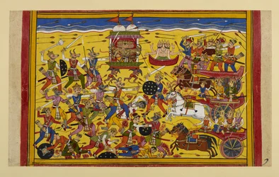 Ravana kämpft ein Jahr lang gegen die Nivatakavacas, bis Brahma eingreift und sie Frieden schließen