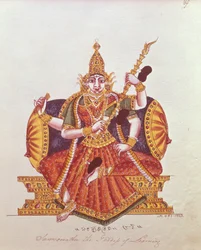 Saratheswathee, hinduistische Göttin des Lernens, mit singhalesischer und englischer Inschrift