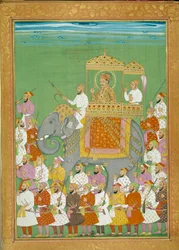 Sultan Akbar reitet auf einem Elefanten mit dem Hof von Shah Alem