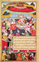 Der König auf seinem Thron umgeben von seinen Höflingen, aus dem Baburnama (Memoiren von Babur) 1530