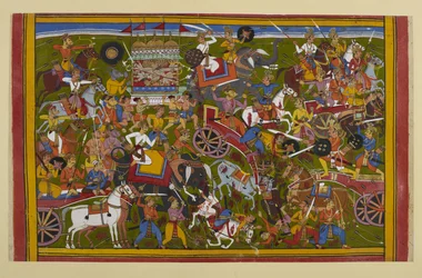 Die Götter und Dämonen kämpfen heftig; Vasu duelliert sich und besiegt Sumāli, Rāvaṇas Großvater