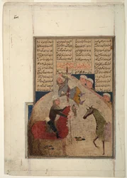 Zwei Reiter, einer aufgespießt auf einem Speer, um 1450