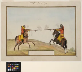 Zwei berittene Soldaten tauschen Gewehrfeuer aus, ca. 1830