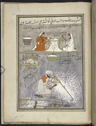 Zwei Frauen beim Entkernen von Baumwolle; Mann beim Kämmen von Baumwolle, 86 Zeichnungen in einem Band, der Handwerke und Berufe in Kaschmir darstellt, Handwerker werden bei der Arbeit mit ihren Werkzeugen und Geräten gezeigt, von einem Kaschmir-Künstler, 