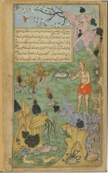 Auf Jambavans Drängen geht Hanuman in den Himalaya, um die vier Heilpflanzen zu finden