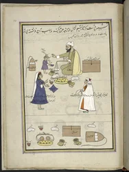 Frauen, die das gesponnene Schaltuch zurückbringen, 86 Zeichnungen in einem Band, der Berufe und Tätigkeiten in Kaschmir darstellt, Handwerker werden bei der Arbeit mit ihren Werkzeugen und Geräten gezeigt, von einem Kaschmir-Künstler, wahrscheinlich in Sr