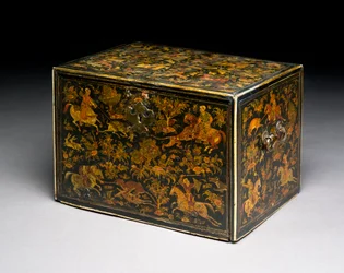 Schreibschrank mit Darstellung von Edelleuten bei der Jagd, 17. Jahrhundert (lackiertes Holz)