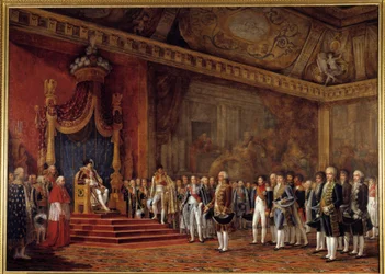 Die Deputation des römischen Senats bietet Kaiser Napoleon I. im Thronsaal des Tuilerienpalastes Tributzahlungen an, 16. November