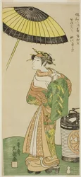 Der Schauspieler Segawa Kikunojo II als Kurtisane Hitachi im zweiten Teil des Stücks Wada Sakamori Osame no Mitsugumi (Wadas Gelage: Der letzte Drink mit einem Set aus drei Tassen), aufgeführt im Ichimura-Theater ab dem neunten Tag des zweiten Monats, 1771