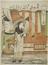 Chizuka no Fumi no Bosetsu (Der abendliche Schnee von tausend Liebesbriefen), die Liebenden Ohatsu und Tokubei, aus der Serie "Sugata Hakkei", ca. 1772
