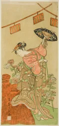 Der Schauspieler Iwai Hanshiro IV als Otatsu-gitsune im Stück Nue no Mori Ichiyo no Mato, aufgeführt im Nakamura Theater im elften Monat, 1770