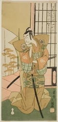 Der Schauspieler Matsumoto Koshiro III als Akita Jonosuke im Stück Kawaranu Hanasakae Hachi no Ki, aufgeführt im Nakamura-Theater im elften Monat, 1769