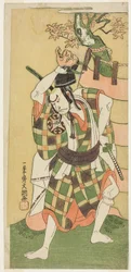 Der Schauspieler Nakamura Nakazo I als Yamaoka no Saburo in "Momiji Kumo Nishiki no Tsuri Yogi" (Ahornwolken: Ein Brokat von Decken), Akt Drei des Stücks Kawaranu Hanasakae Hachi no Ki (Der immerblühende Topfbaum), aufgeführt im Nakamura Theater